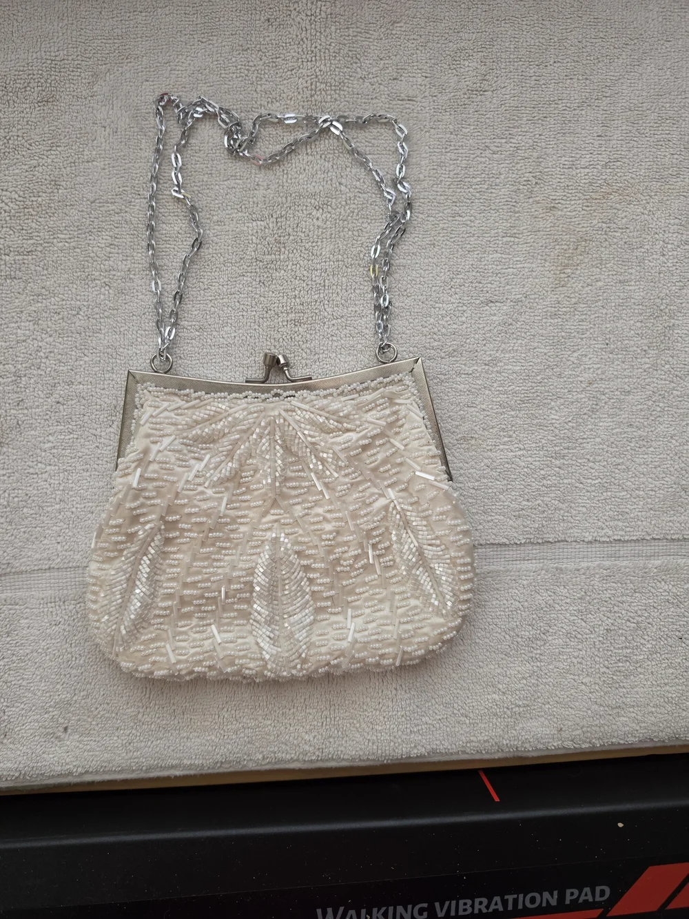 Vintage Ivory Beaded Evening Clutch with Silver Chain